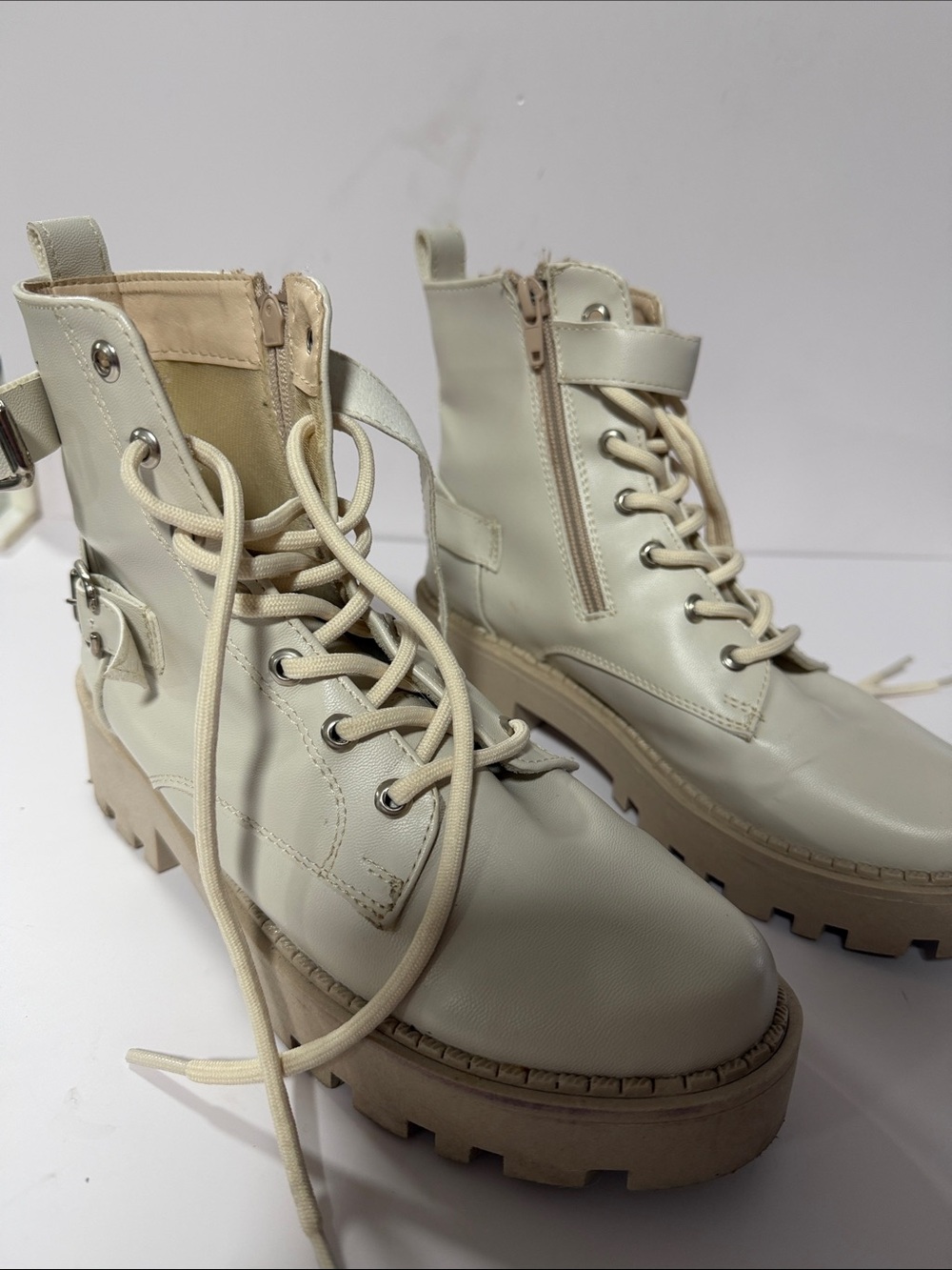 Cream Lace-Up Combat Boots with Side Zip and Lug Sole